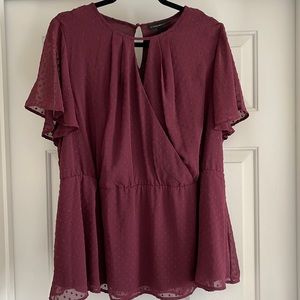 Wine colored dotted blouse with sheer sleeves